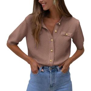PRETTYGARDEN Women’s Summer Button Down Shirts Casual Short Sleeve Crew Neck Ribbed Knit Blouse Top Cardigans(Khaki)