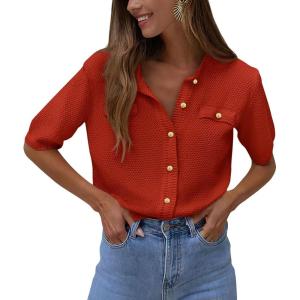 PRETTYGARDEN Women’s Summer Button Down Shirts Casual Short Sleeve Crew Neck Ribbed Knit Blouse Top Cardigans(Rust Red)