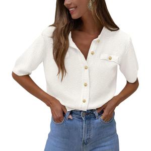 PRETTYGARDEN Women’s Summer Button Down Shirts Casual Short Sleeve Crew Neck Ribbed Knit Blouse Top Cardigans(White)