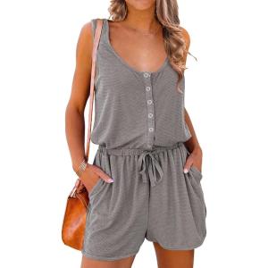 PRETTYGARDEN Women’s Summer Casual Shorts Jumpsuit Plain Scoop Neck Button Down Sleeveless Tank Top Rompers With Pockets(Grey)