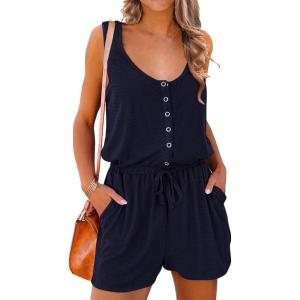 PRETTYGARDEN Women’s Summer Casual Shorts Jumpsuit Plain Scoop Neck Button Down Sleeveless Tank Top Rompers With Pockets(Navy)
