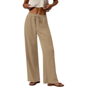 PRETTYGARDEN Womens Summer Elastic Waist Textured Flowy Palazzo Pants for Women Casual Wide Leg Pants Woman with Pockets(Khaki)