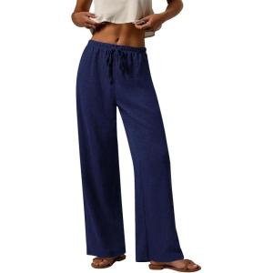 PRETTYGARDEN Womens Summer Elastic Waist Textured Flowy Palazzo Pants for Women Casual Wide Leg Pants Woman with Pockets(Navy Blue)