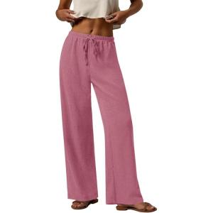 PRETTYGARDEN Womens Summer Elastic Waist Textured Flowy Palazzo Pants for Women Casual Wide Leg Pants Woman with Pockets(Pink)