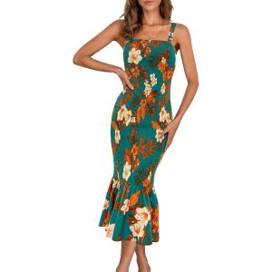 PRETTYGARDEN Women’s Summer Floral Midi Tank Dress Sleeveless Strappy Ruffle Hem Smocked Bodycon Dresses(Dark Green)