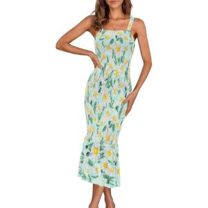 PRETTYGARDEN Women’s Summer Floral Midi Tank Dress Sleeveless Strappy Ruffle Hem Smocked Bodycon Dresses(Green Floral)