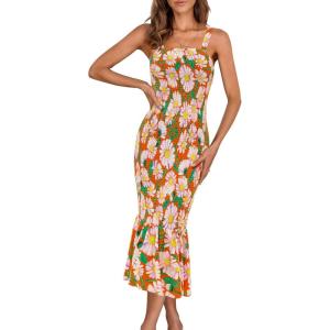 PRETTYGARDEN Women’s Summer Floral Midi Tank Dress Sleeveless Strappy Ruffle Hem Smocked Bodycon Dresses(Orange Floral)