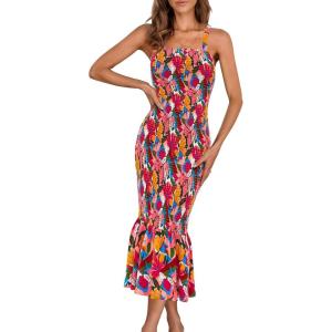 PRETTYGARDEN Women’s Summer Floral Midi Tank Dress Sleeveless Strappy Ruffle Hem Smocked Bodycon Dresses(Pink Blue Floral)