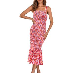 PRETTYGARDEN Women’s Summer Floral Midi Tank Dress Sleeveless Strappy Ruffle Hem Smocked Bodycon Dresses(Pink Floral)