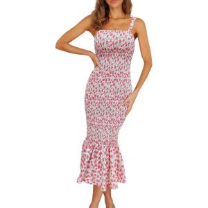 PRETTYGARDEN Women’s Summer Floral Midi Tank Dress Sleeveless Strappy Ruffle Hem Smocked Bodycon Dresses(Pink Red Floral)
