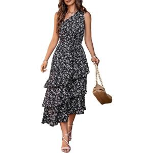 PRETTYGARDEN Women’s Summer Floral Sundress Casual One Shoulder Tiered Ruffle Flowy Midi Beach Boho Dresses(Floral Black)