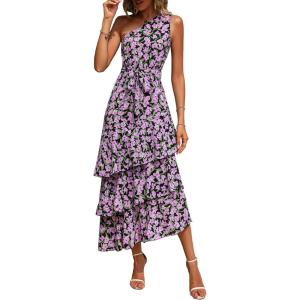 PRETTYGARDEN Women’s Summer Floral Sundress Casual One Shoulder Tiered Ruffle Flowy Midi Beach Boho Dresses(Floral Black Pink)