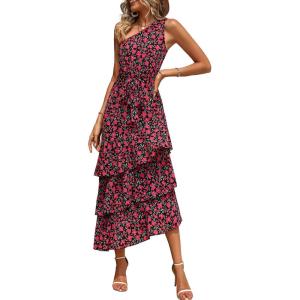 PRETTYGARDEN Women’s Summer Floral Sundress Casual One Shoulder Tiered Ruffle Flowy Midi Beach Boho Dresses(Floral Black Red)