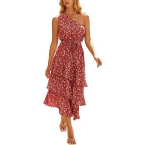 PRETTYGARDEN Women’s Summer Floral Sundress Casual One Shoulder Tiered Ruffle Flowy Midi Beach Boho Dresses(Floral Brick Red White)