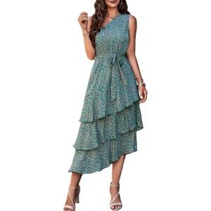 PRETTYGARDEN Women’s Summer Floral Sundress Casual One Shoulder Tiered Ruffle Flowy Midi Beach Boho Dresses(Floral Olive Green)