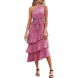 PRETTYGARDEN Women’s Summer Floral Sundress Casual One Shoulder Tiered Ruffle Flowy Midi Beach Boho Dresses(Floral Red)