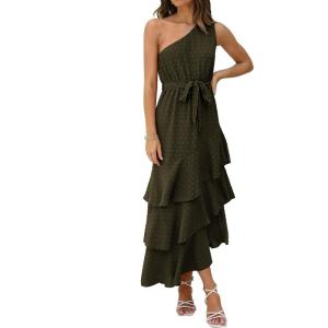PRETTYGARDEN Women’s Summer Floral Sundress Casual One Shoulder Tiered Ruffle Flowy Midi Beach Boho Dresses(Swiss Dot Army Green)