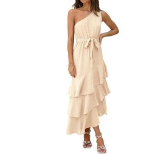 PRETTYGARDEN Women’s Summer Floral Sundress Casual One Shoulder Tiered Ruffle Flowy Midi Beach Boho Dresses(Swiss Dot Beige)