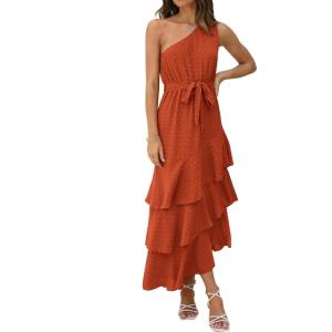 PRETTYGARDEN Women’s Summer Floral Sundress Casual One Shoulder Tiered Ruffle Flowy Midi Beach Boho Dresses(Swiss Dot Brick Red)