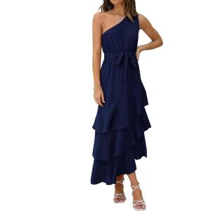 PRETTYGARDEN Women’s Summer Floral Sundress Casual One Shoulder Tiered Ruffle Flowy Midi Beach Boho Dresses(Swiss Dot Navy)