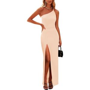 PRETTYGARDEN Women’s Summer Formal Wedding Guest Dresses One Shoulder Spaghetti Strap High Slit Maxi Bodycon Dress(Beige)