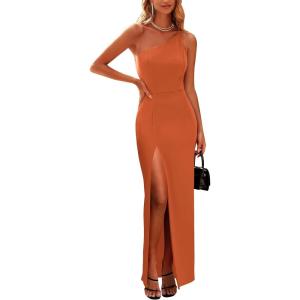 PRETTYGARDEN Women’s Summer Formal Wedding Guest Dresses One Shoulder Spaghetti Strap High Slit Maxi Bodycon Dress(Brown)
