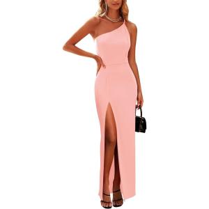 PRETTYGARDEN Women’s Summer Formal Wedding Guest Dresses One Shoulder Spaghetti Strap High Slit Maxi Bodycon Dress(Light Pink)
