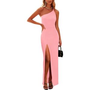 PRETTYGARDEN Women’s Summer Formal Wedding Guest Dresses One Shoulder Spaghetti Strap High Slit Maxi Bodycon Dress(Pink)