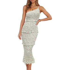 PRETTYGARDEN Women’s Summer Midi Bodycon Dresses One Shoulder Strappy Tiered Ruffle Floral Boho Sun Dress(Beige Floral)
