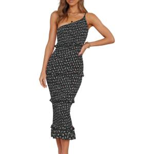PRETTYGARDEN Women’s Summer Midi Bodycon Dresses One Shoulder Strappy Tiered Ruffle Floral Boho Sun Dress(Black Floral)