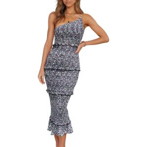 PRETTYGARDEN Women’s Summer Midi Bodycon Dresses One Shoulder Strappy Tiered Ruffle Floral Boho Sun Dress(Black Purple Floral)