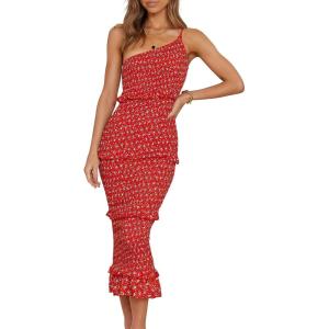 PRETTYGARDEN Women’s Summer Midi Bodycon Dresses One Shoulder Strappy Tiered Ruffle Floral Boho Sun Dress(Red Floral)
