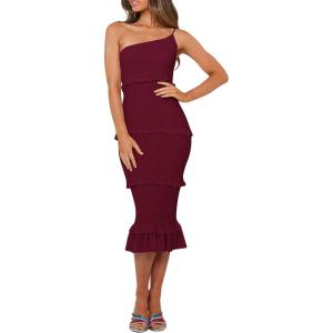PRETTYGARDEN Women’s Summer Midi Bodycon Dresses One Shoulder Strappy Tiered Ruffle Floral Boho Sun Dress(Solid Wine Red)