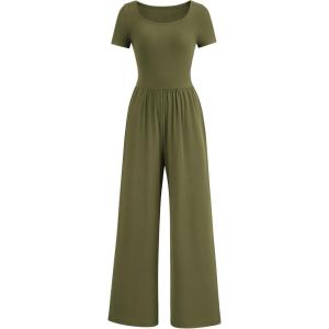 PRETTYGARDEN Women’s Summer One Piece Jumpsuits Dressy Casual Short Sleeve Square Neck Wide Leg Rompers Travel Outfit Clothes(Army Green)