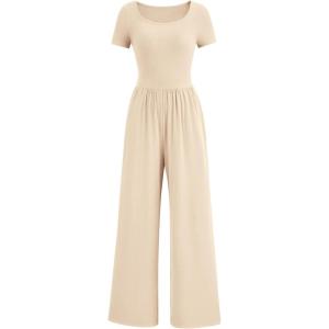 PRETTYGARDEN Women’s Summer One Piece Jumpsuits Dressy Casual Short Sleeve Square Neck Wide Leg Rompers Travel Outfit Clothes(Beige)