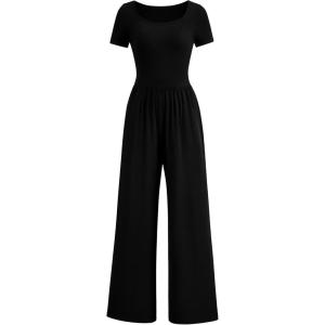 PRETTYGARDEN Women’s Summer One Piece Jumpsuits Dressy Casual Short Sleeve Square Neck Wide Leg Rompers Travel Outfit Clothes(Black)