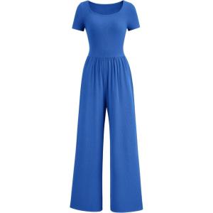 PRETTYGARDEN Women’s Summer One Piece Jumpsuits Dressy Casual Short Sleeve Square Neck Wide Leg Rompers Travel Outfit Clothes(Blue)