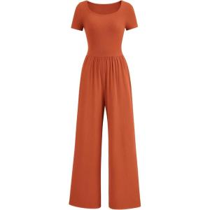PRETTYGARDEN Women’s Summer One Piece Jumpsuits Dressy Casual Short Sleeve Square Neck Wide Leg Rompers Travel Outfit Clothes(Brick Red)