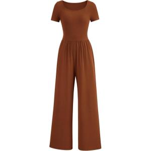 PRETTYGARDEN Women’s Summer One Piece Jumpsuits Dressy Casual Short Sleeve Square Neck Wide Leg Rompers Travel Outfit Clothes(Brown)