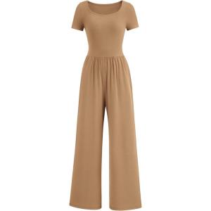 PRETTYGARDEN Women’s Summer One Piece Jumpsuits Dressy Casual Short Sleeve Square Neck Wide Leg Rompers Travel Outfit Clothes(Camel)