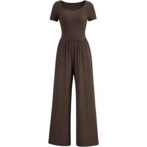 PRETTYGARDEN Women’s Summer One Piece Jumpsuits Dressy Casual Short Sleeve Square Neck Wide Leg Rompers Travel Outfit Clothes(Coffee)