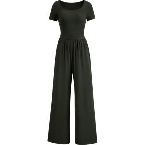 PRETTYGARDEN Women’s Summer One Piece Jumpsuits Dressy Casual Short Sleeve Square Neck Wide Leg Rompers Travel Outfit Clothes(Dark Army Green)