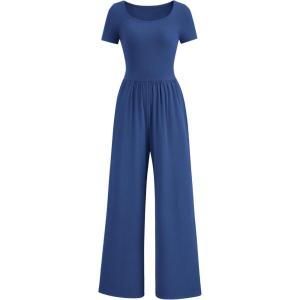 PRETTYGARDEN Women’s Summer One Piece Jumpsuits Dressy Casual Short Sleeve Square Neck Wide Leg Rompers Travel Outfit Clothes(Dark Blue)