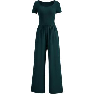 PRETTYGARDEN Women’s Summer One Piece Jumpsuits Dressy Casual Short Sleeve Square Neck Wide Leg Rompers Travel Outfit Clothes(Dark Green)