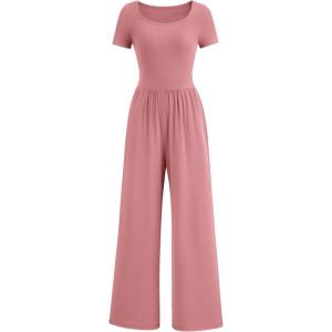 PRETTYGARDEN Women’s Summer One Piece Jumpsuits Dressy Casual Short Sleeve Square Neck Wide Leg Rompers Travel Outfit Clothes(Dusty Pink)
