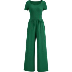PRETTYGARDEN Women’s Summer One Piece Jumpsuits Dressy Casual Short Sleeve Square Neck Wide Leg Rompers Travel Outfit Clothes(Green)