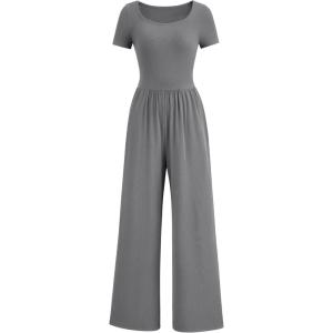 PRETTYGARDEN Women’s Summer One Piece Jumpsuits Dressy Casual Short Sleeve Square Neck Wide Leg Rompers Travel Outfit Clothes(Grey)
