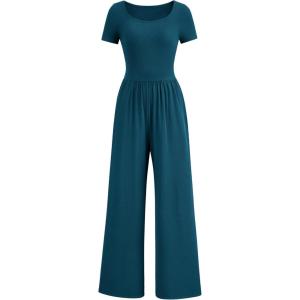 PRETTYGARDEN Women’s Summer One Piece Jumpsuits Dressy Casual Short Sleeve Square Neck Wide Leg Rompers Travel Outfit Clothes(Lake Blue)