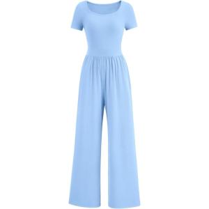 PRETTYGARDEN Women’s Summer One Piece Jumpsuits Dressy Casual Short Sleeve Square Neck Wide Leg Rompers Travel Outfit Clothes(Light Blue)