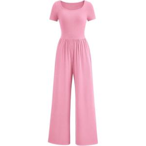 PRETTYGARDEN Women’s Summer One Piece Jumpsuits Dressy Casual Short Sleeve Square Neck Wide Leg Rompers Travel Outfit Clothes(Light Pink)